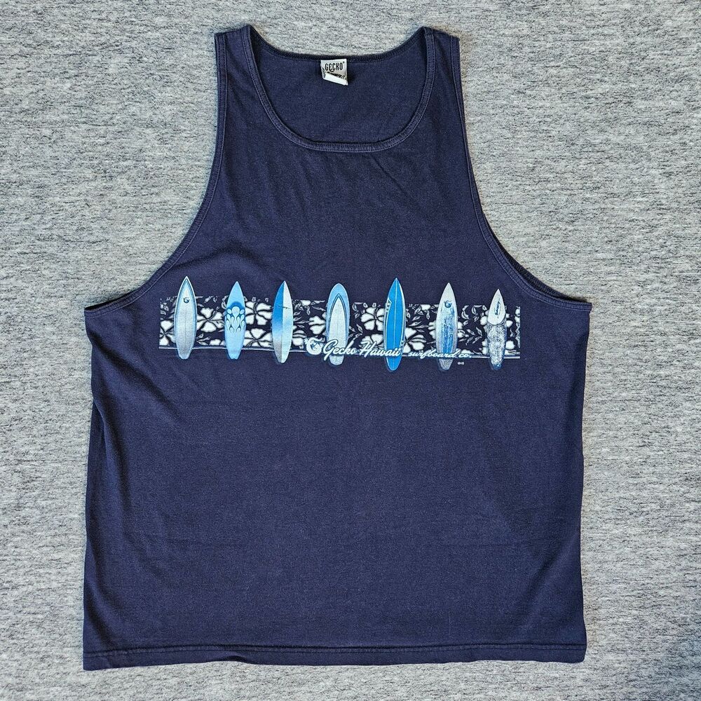 Vintage 90s Gecko Hawaii Hangloose Tank Top XL Navy Blue Surf Beach Y2K Vacation